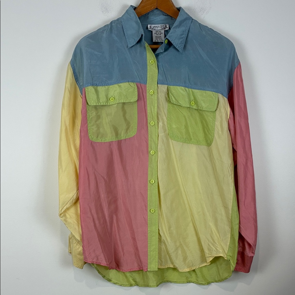Whistles Vintage Women’s Medium Pastel Colorblock Button-Down Shirt 100% Silk